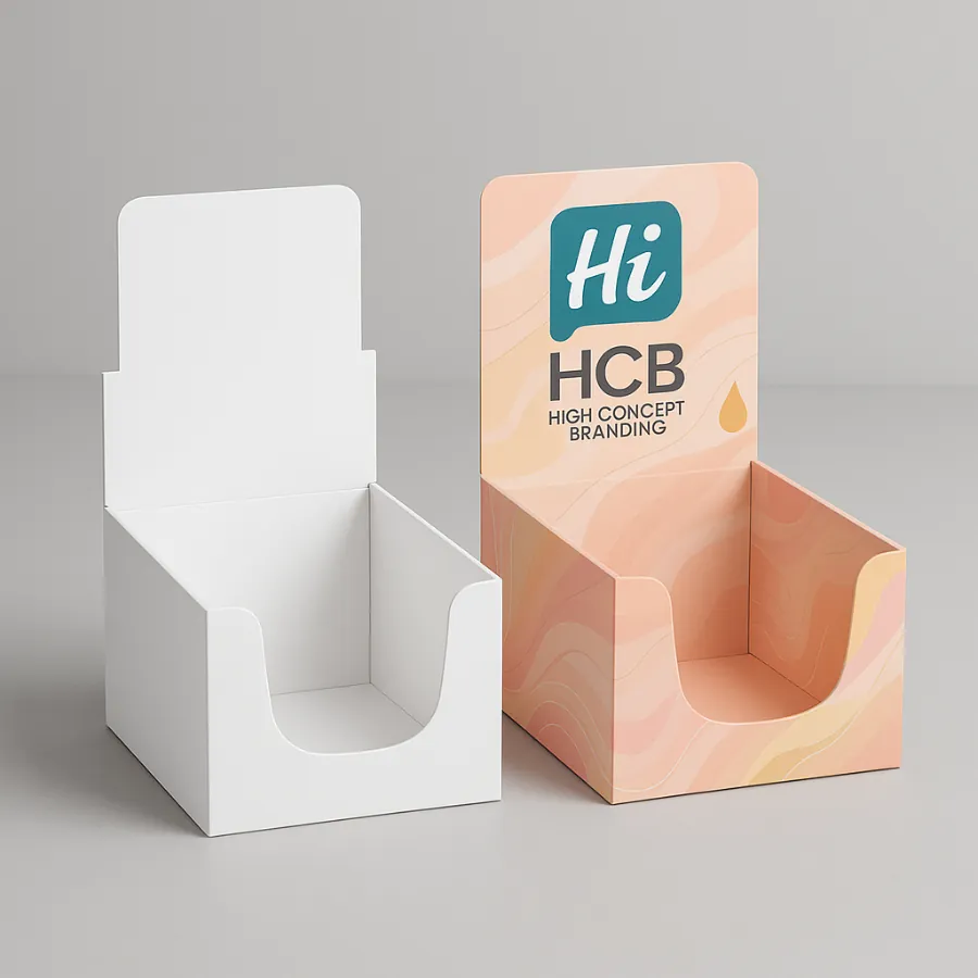 Branded retail display box for lip balm- featuring a pastel pink and orange wave design- class=